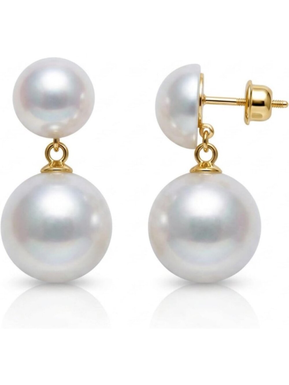 Elegant Double Pearl Drop Earrings, White Faux Pearls, 18K Gold Plated, Dangle